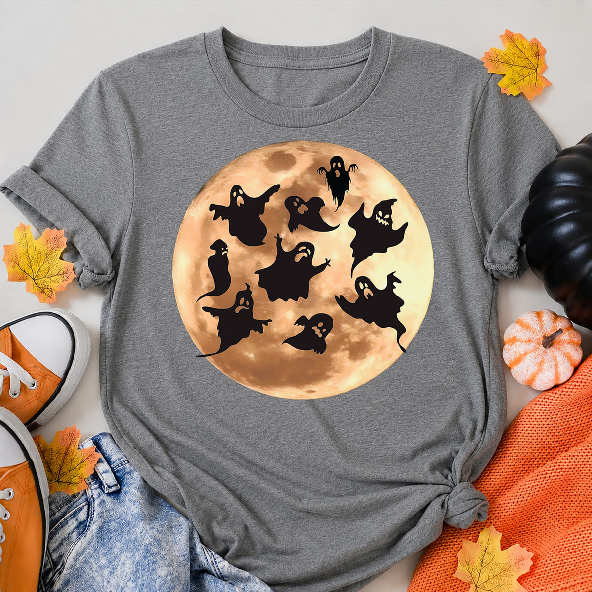 Black Ghosts Against The Full Moon Halloween Shirt in Grey – alternate view