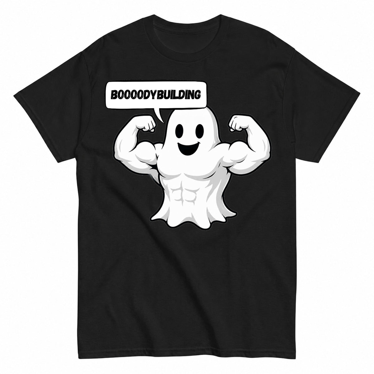 Bodybuilding Ghost Halloween Shirt in Black – product view