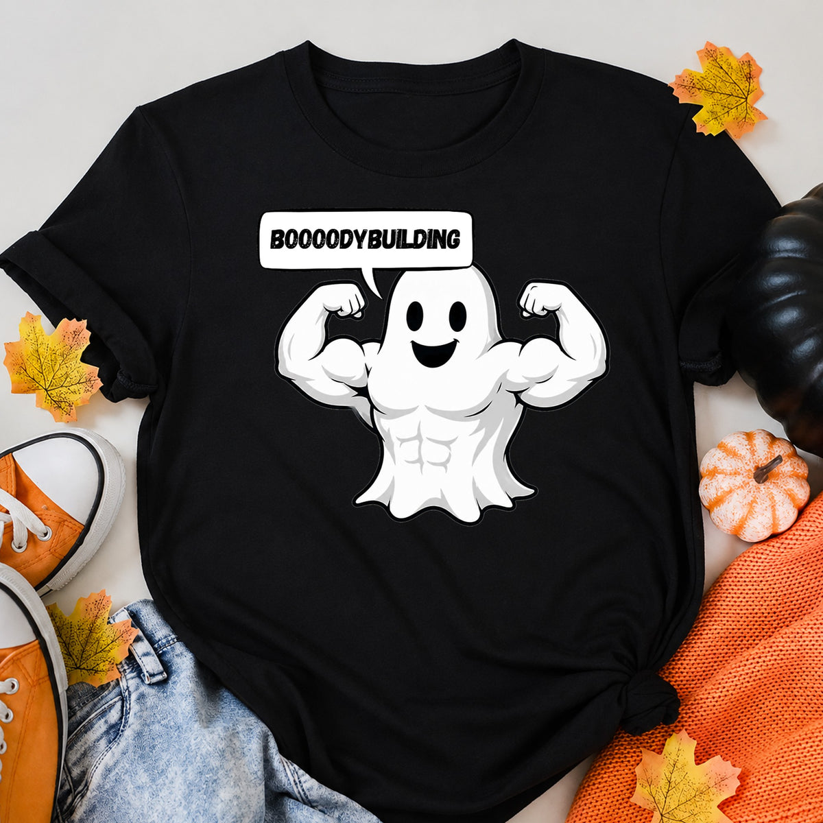 Bodybuilding Ghost Halloween Shirt in Black – alternate view