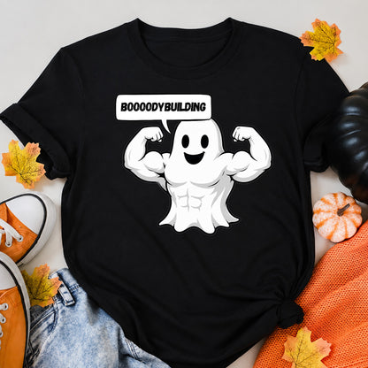 Bodybuilding Ghost Halloween Shirt in Black – alternate view