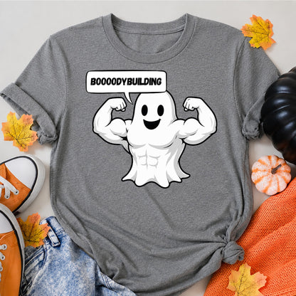 Bodybuilding Ghost Halloween Shirt in Grey – alternate view