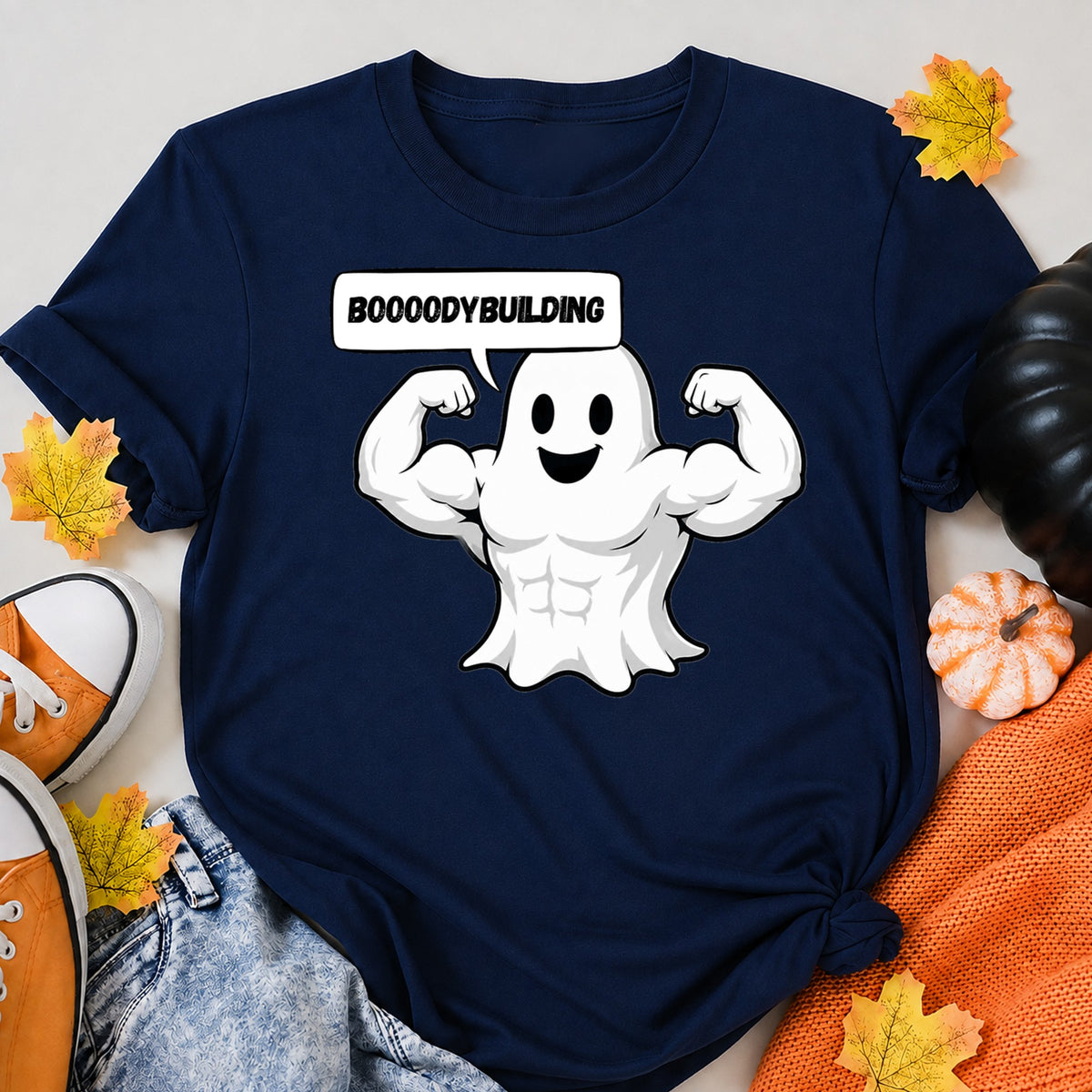 Bodybuilding Ghost Halloween Shirt in Navy – alternate view