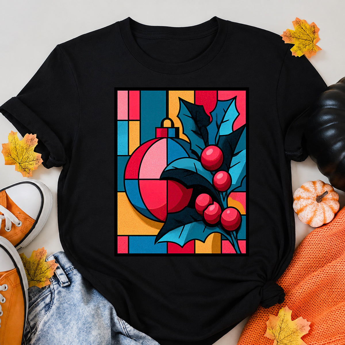 Bold Pop Art Christmas Ornament And Holly T-Shirt - product view 5