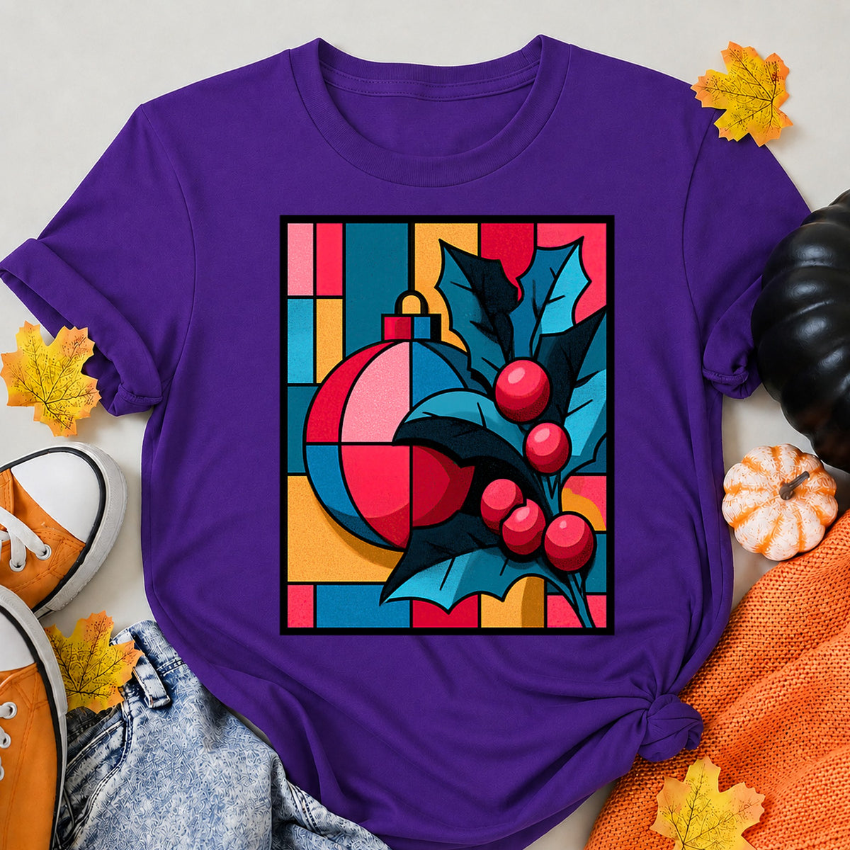 Bold Pop Art Christmas Ornament And Holly T-Shirt - product view 6