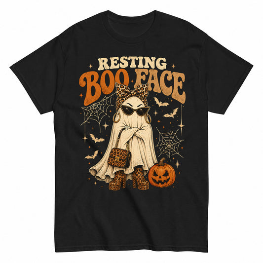 Boo-Jee Stylish Ghost Leopard Print Fashion Halloween Shirt in Black – product view