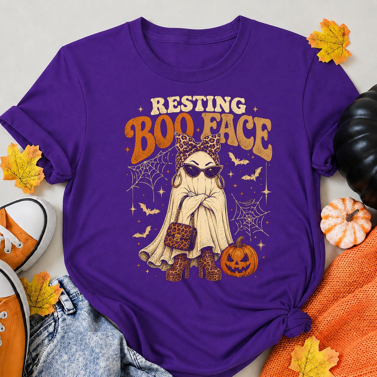 Boo-Jee Stylish Ghost Leopard Print Fashion Halloween Shirt in Blue – alternate view