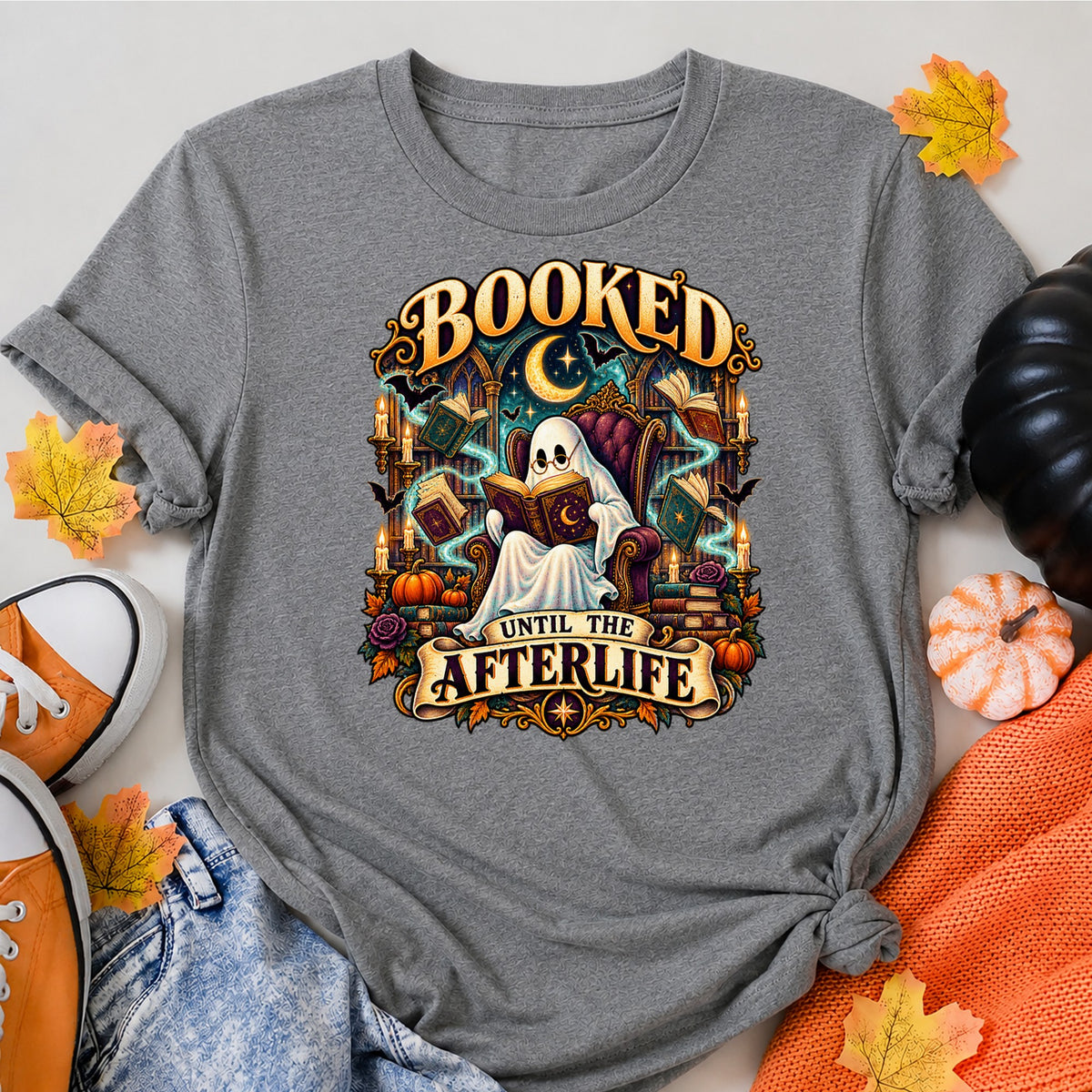 Booked Until The Afterlife Funny Halloween Ghost Book Lover Design Halloween Shirt in Grey – alternate view