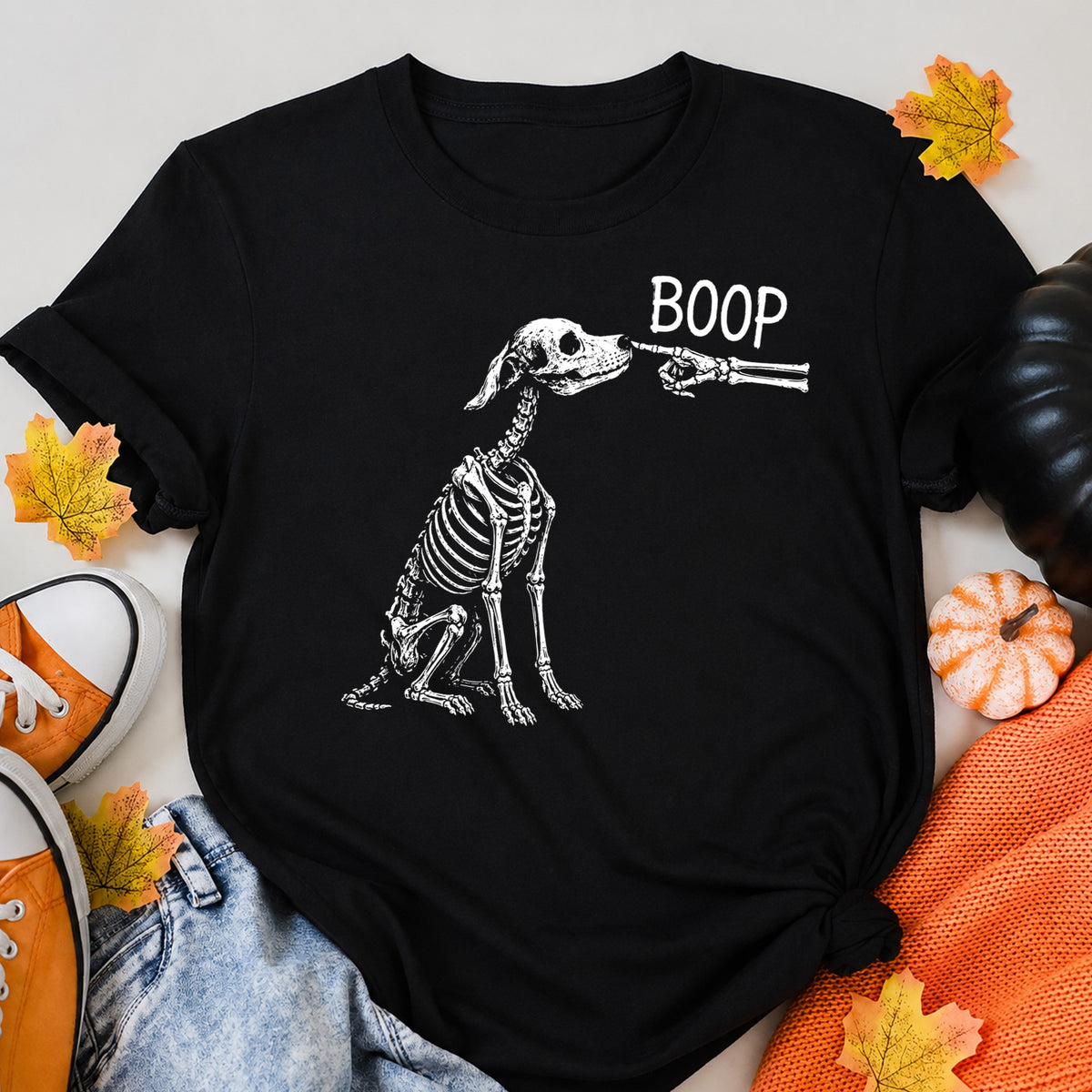 Boop Dog Skeleton Halloween Night Dog Graphic Halloween Shirt in Black – alternate view