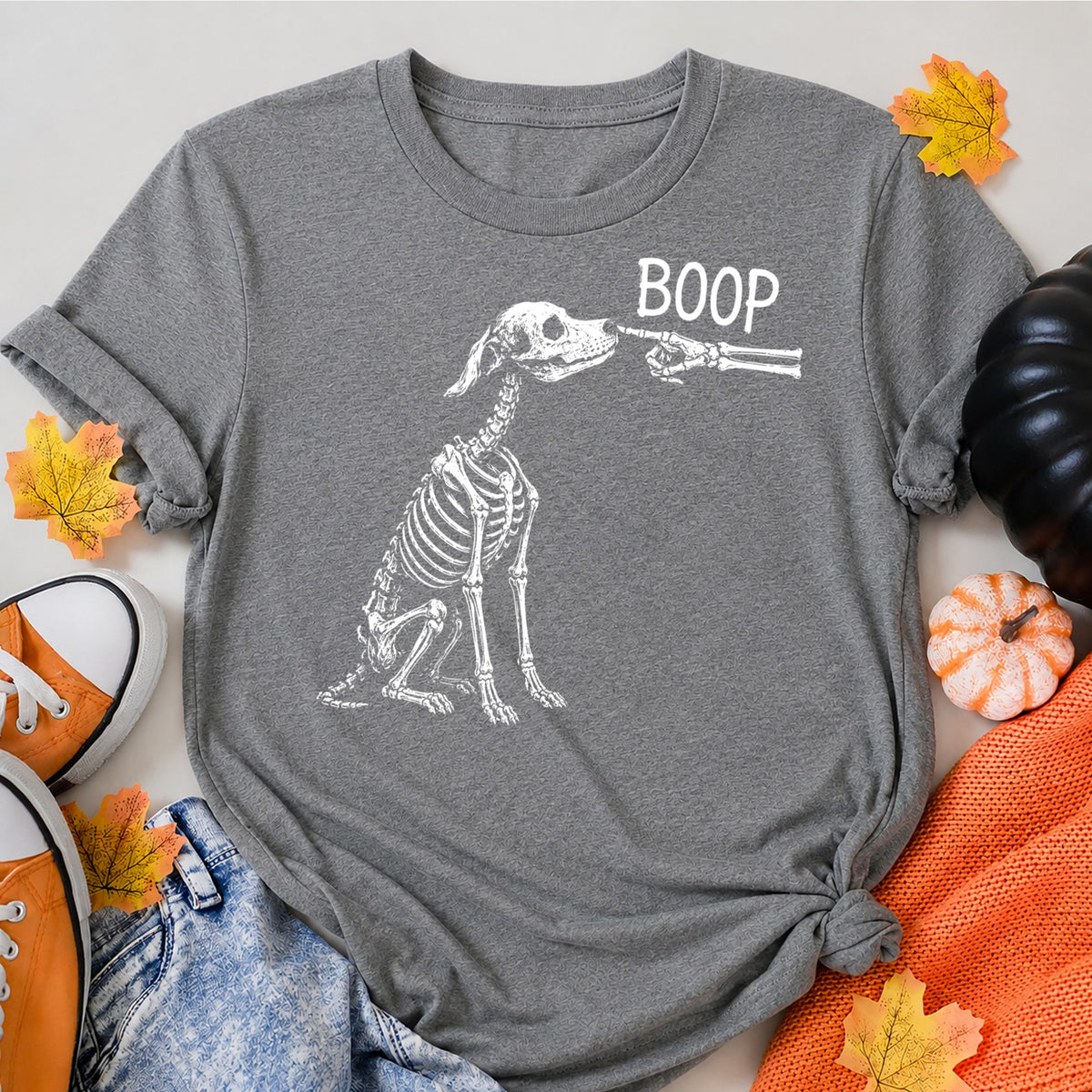 Boop Dog Skeleton Halloween Night Dog Graphic Halloween Shirt in Grey – alternate view