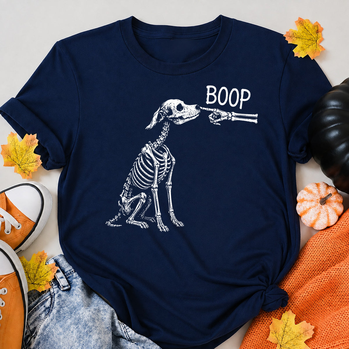 Boop Dog Skeleton Halloween Night Dog Graphic Halloween Shirt in Navy – alternate view