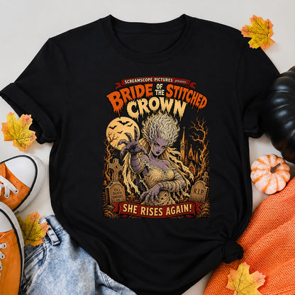 Bride Of The Stitched Crown Gothic Horror Halloween Shirt in Black – alternate view