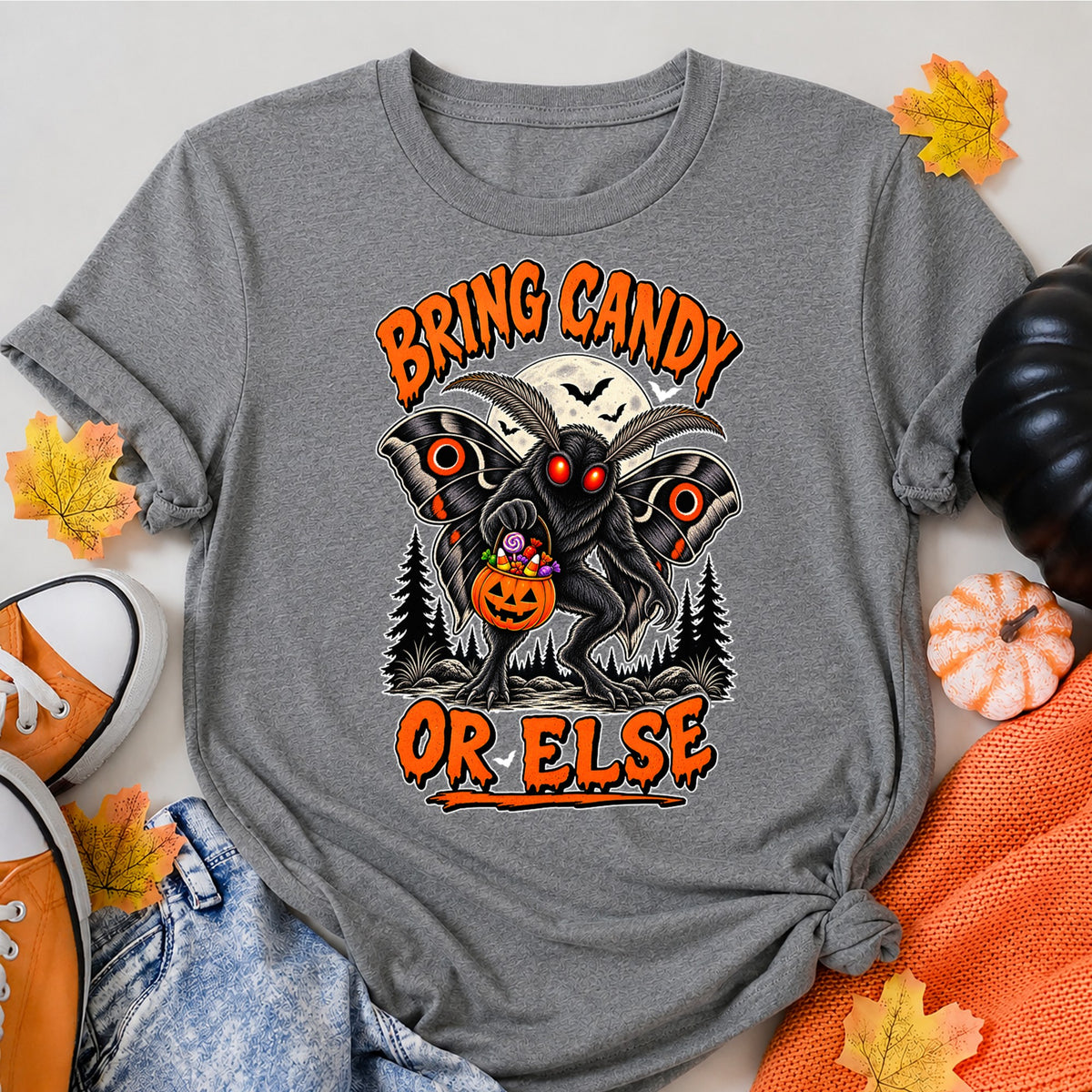 Bring Candy Or Else Halloween Shirt in Grey – alternate view
