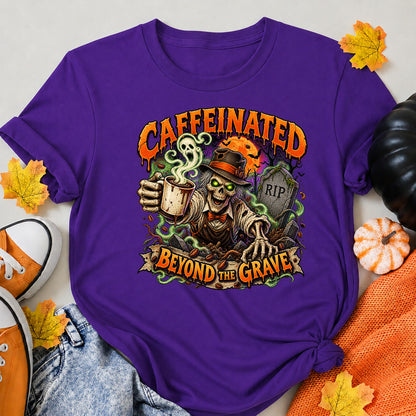 Caffeinated Beyond The Grave Funny Skeleton Coffee Halloween Design Halloween Shirt in Blue – alternate view