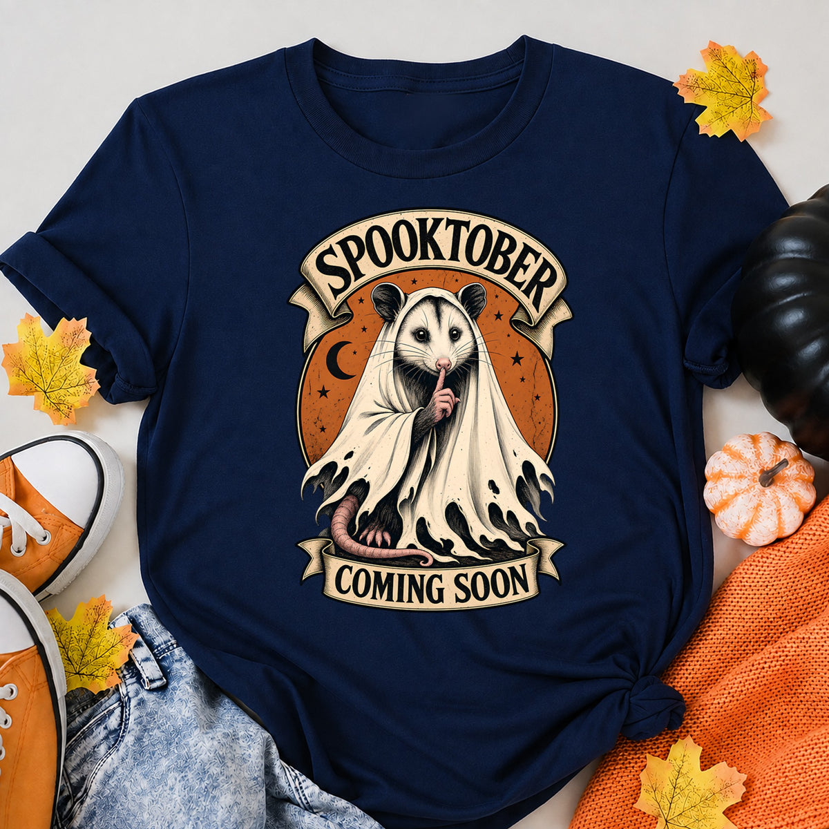 Celebrating Spooktober With Opossum - Halloween Possum Halloween Shirt in Navy – alternate view