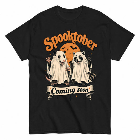 Celebrating Spooktober With Raccoon And Opossum Halloween Shirt in Black – product view