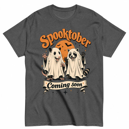 Celebrating Spooktober With Raccoon And Opossum Halloween Shirt in Grey – product view