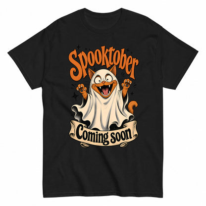 Celebrating Spooktober With Spooky Cat - Coming Soon Halloween Shirt in Black – product view