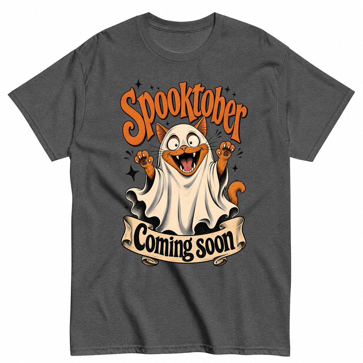 Celebrating Spooktober With Spooky Cat - Coming Soon Halloween Shirt in Grey – product view