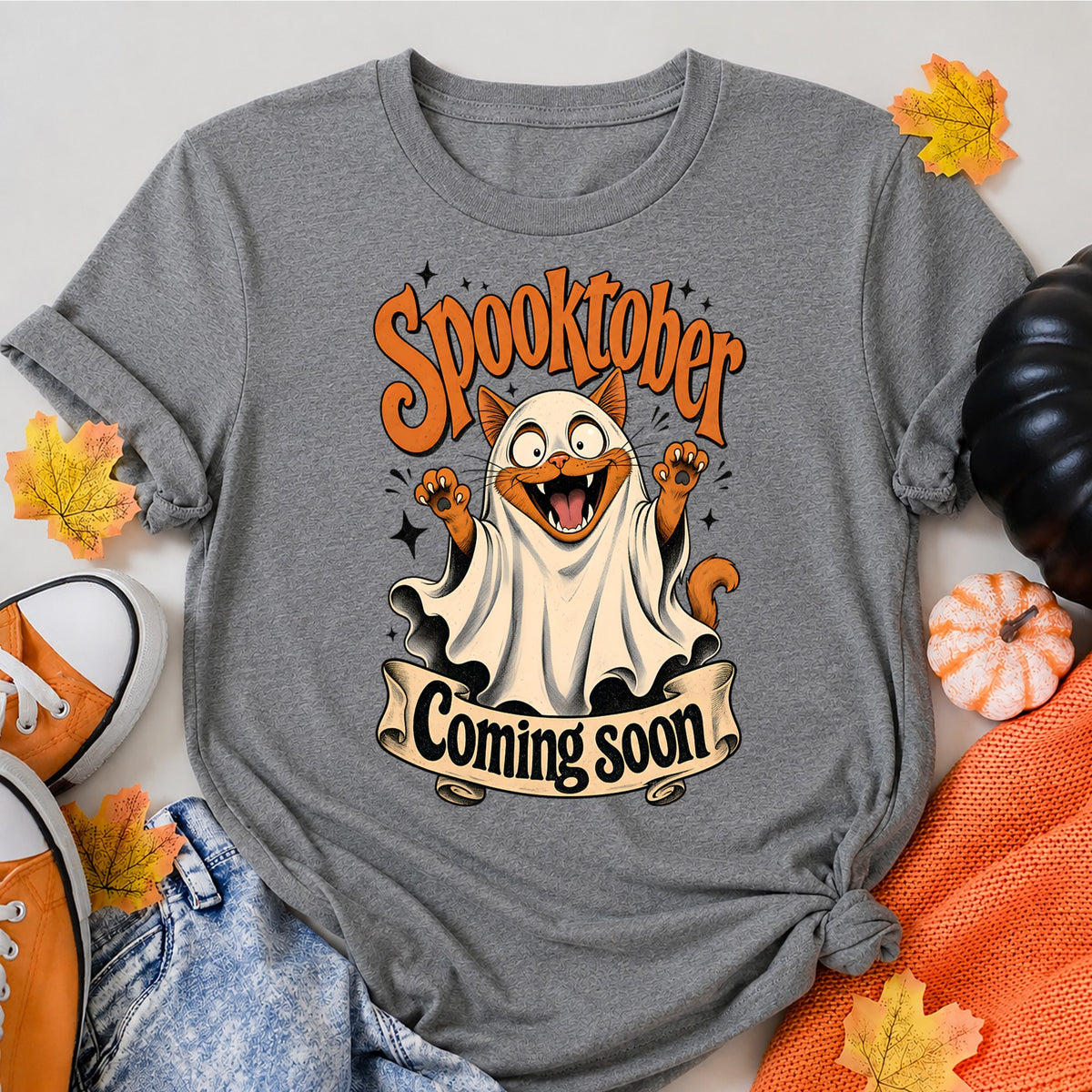 Celebrating Spooktober With Spooky Cat - Coming Soon Halloween Shirt in Grey – alternate view