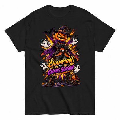 Champion Of Chaos Season Comic Pumpkin Shirt Halloween Shirt in Black – product view