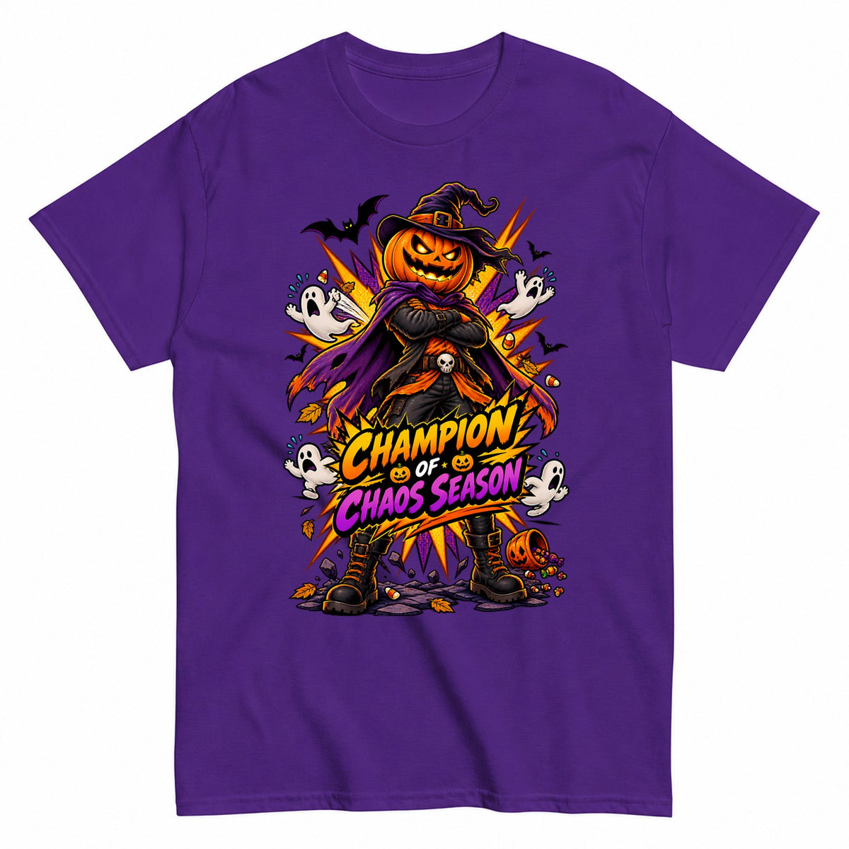Champion Of Chaos Season Comic Pumpkin Shirt Halloween Shirt in Blue – product view