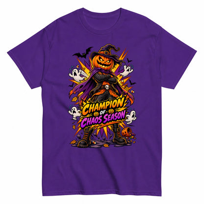 Champion Of Chaos Season Comic Pumpkin Shirt Halloween Shirt in Blue – product view