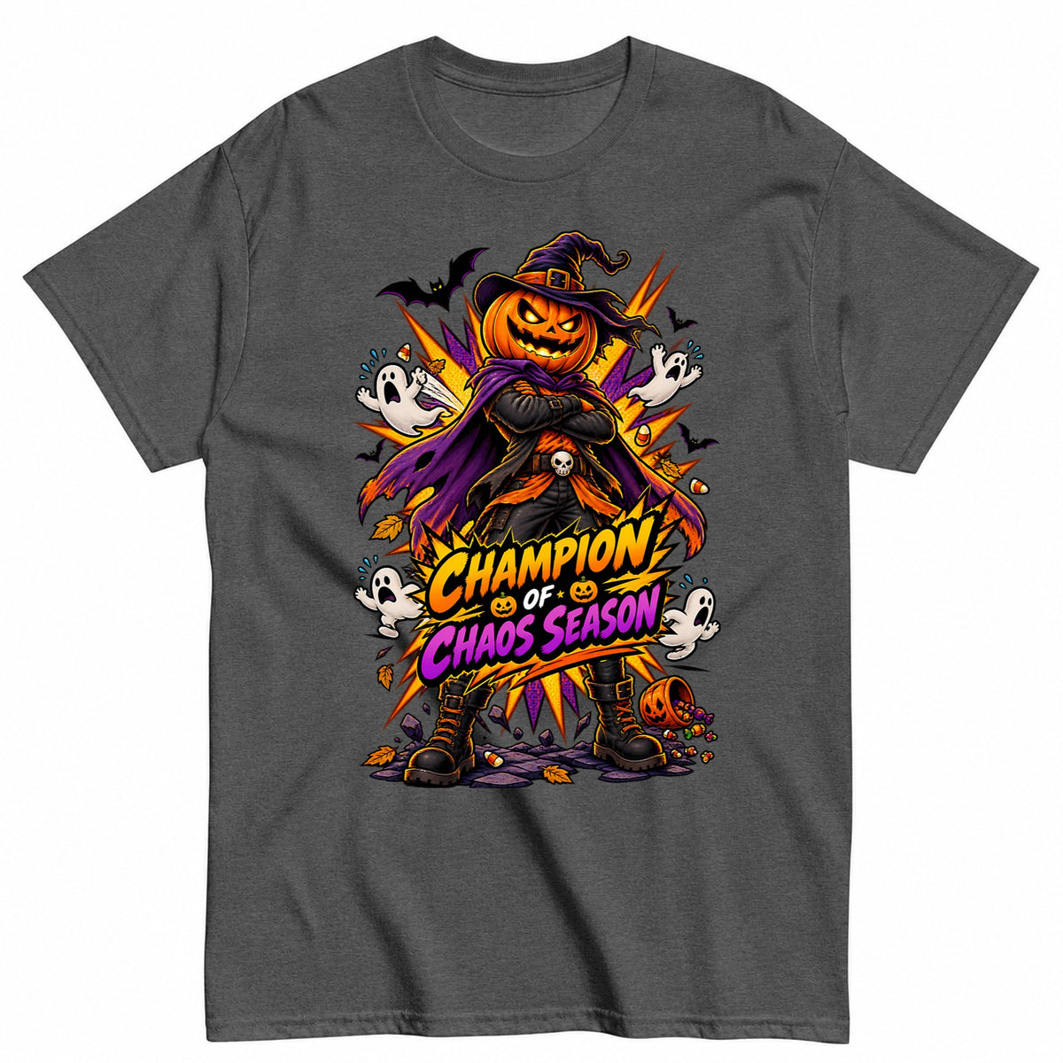 Champion Of Chaos Season Comic Pumpkin Shirt Halloween Shirt in Grey – product view