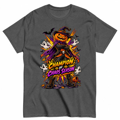 Champion Of Chaos Season Comic Pumpkin Shirt Halloween Shirt in Grey – product view