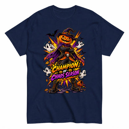 Champion Of Chaos Season Comic Pumpkin Shirt Halloween Shirt in Navy – product view