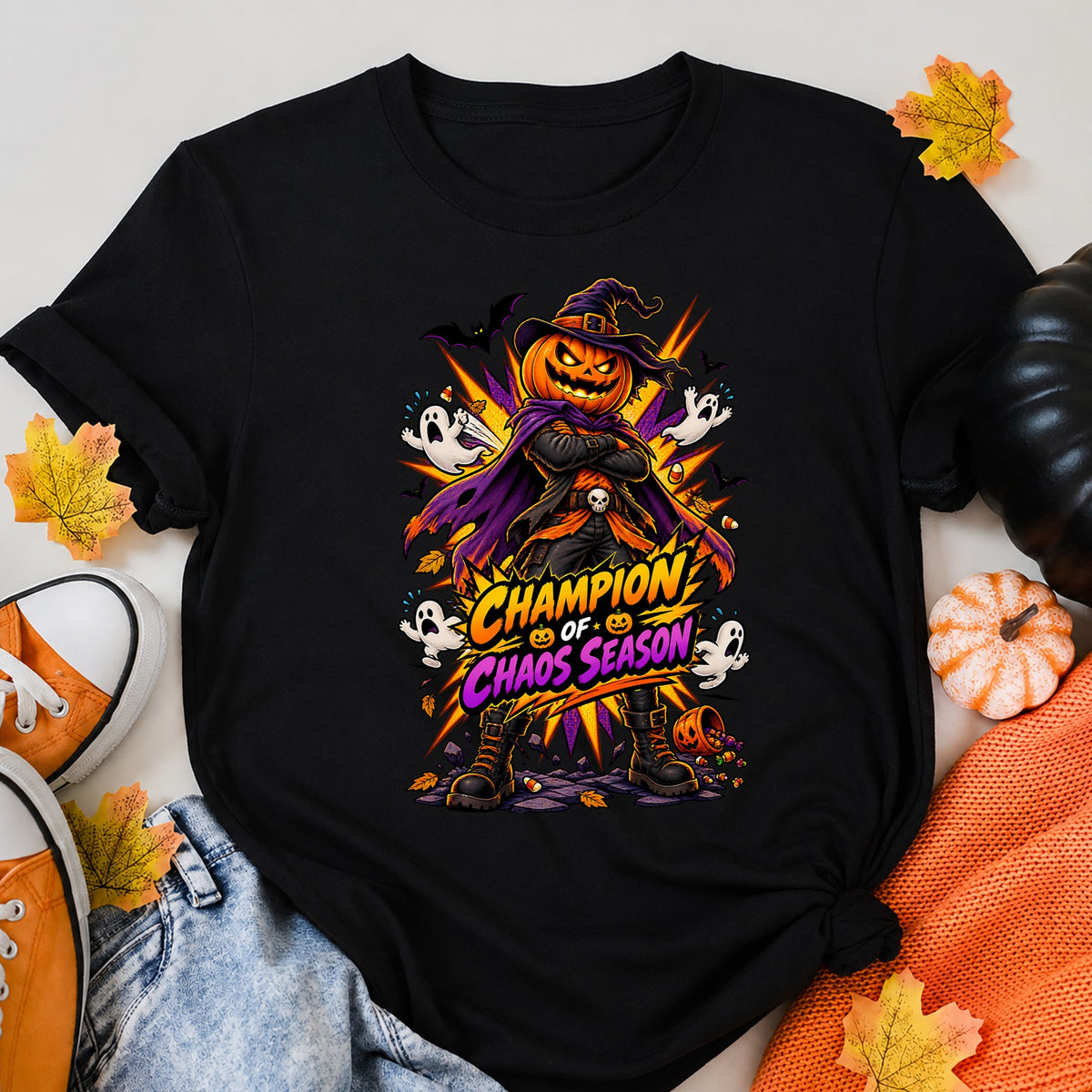 Champion Of Chaos Season Comic Pumpkin Shirt Halloween Shirt in Black – alternate view