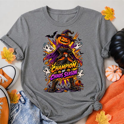Champion Of Chaos Season Comic Pumpkin Shirt Halloween Shirt in Grey – alternate view