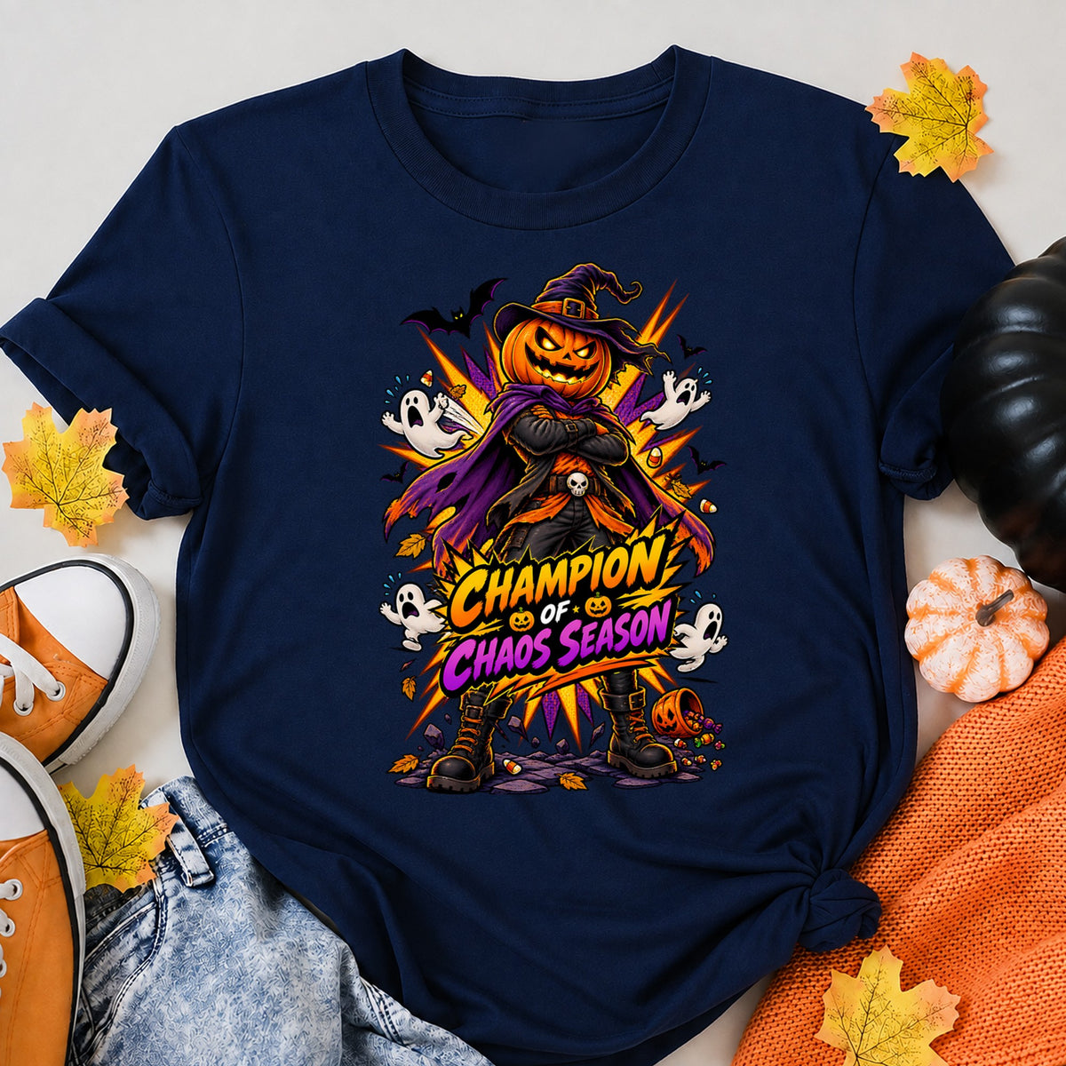 Champion Of Chaos Season Comic Pumpkin Shirt Halloween Shirt in Navy – alternate view
