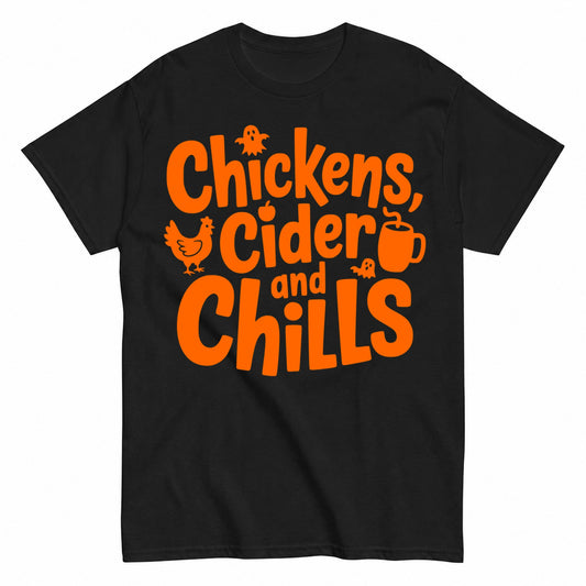 Chickens Cider And Chills Halloween Shirt in Black – product view