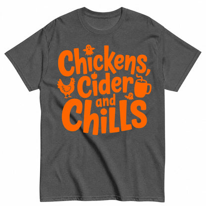 Chickens Cider And Chills Halloween Shirt in Grey – product view