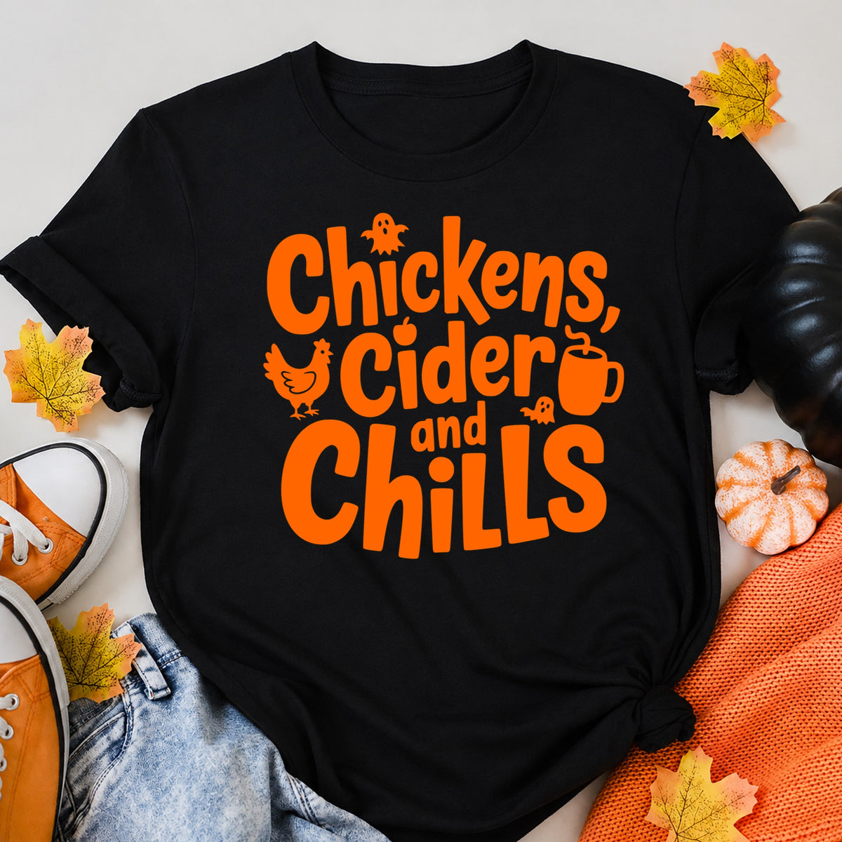 Chickens Cider And Chills Halloween Shirt in Black – alternate view