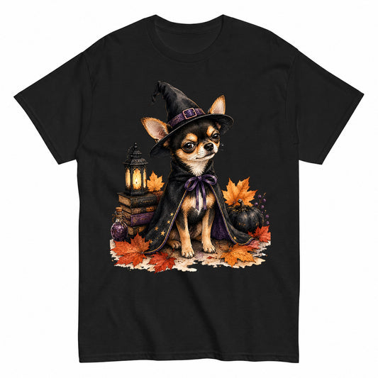 Chihuahua Witch Cape Halloween Shirt in Black – product view