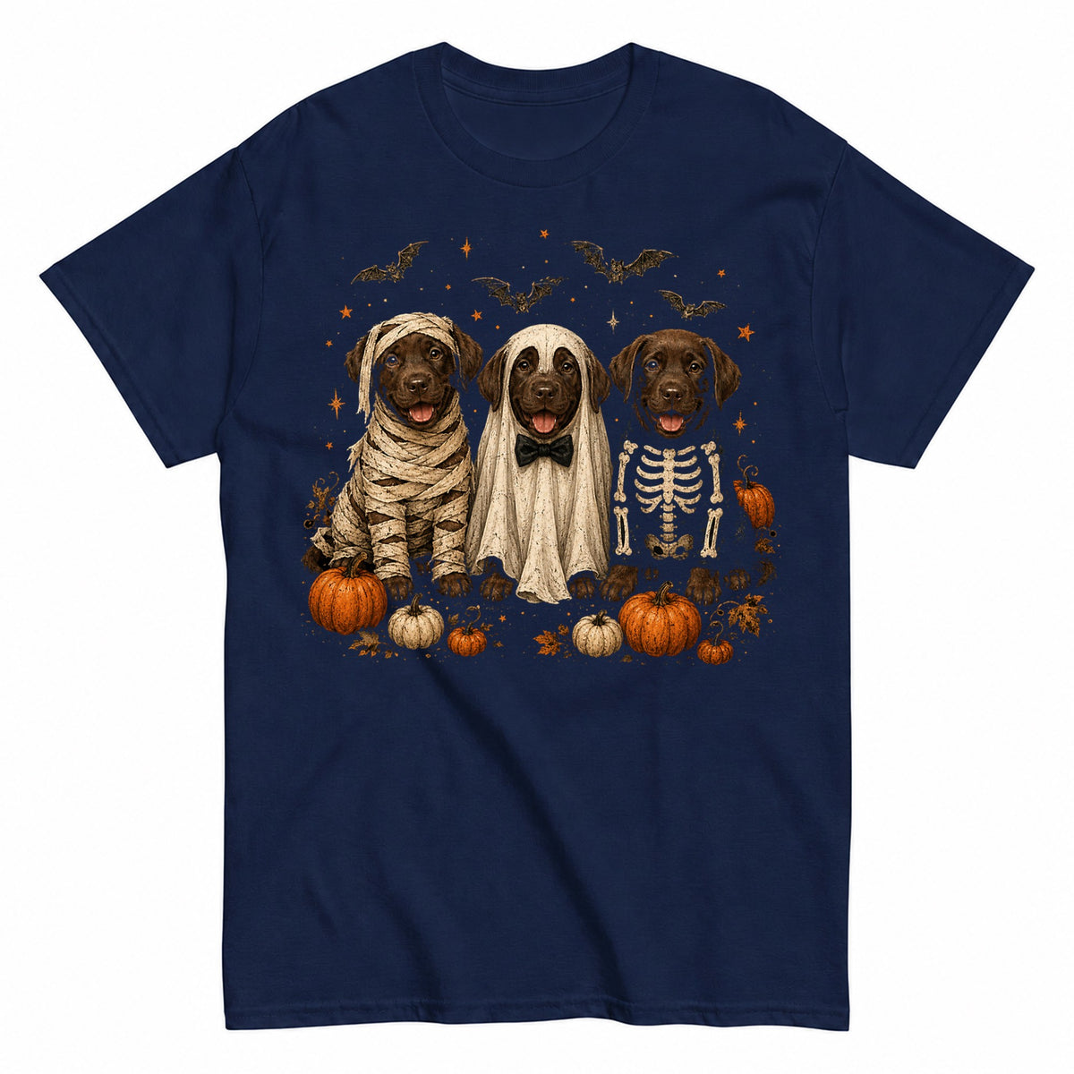 Chocolate Labrador In Ghost Cute Lab Ghost Dog Halloween Shirt in Navy – product view
