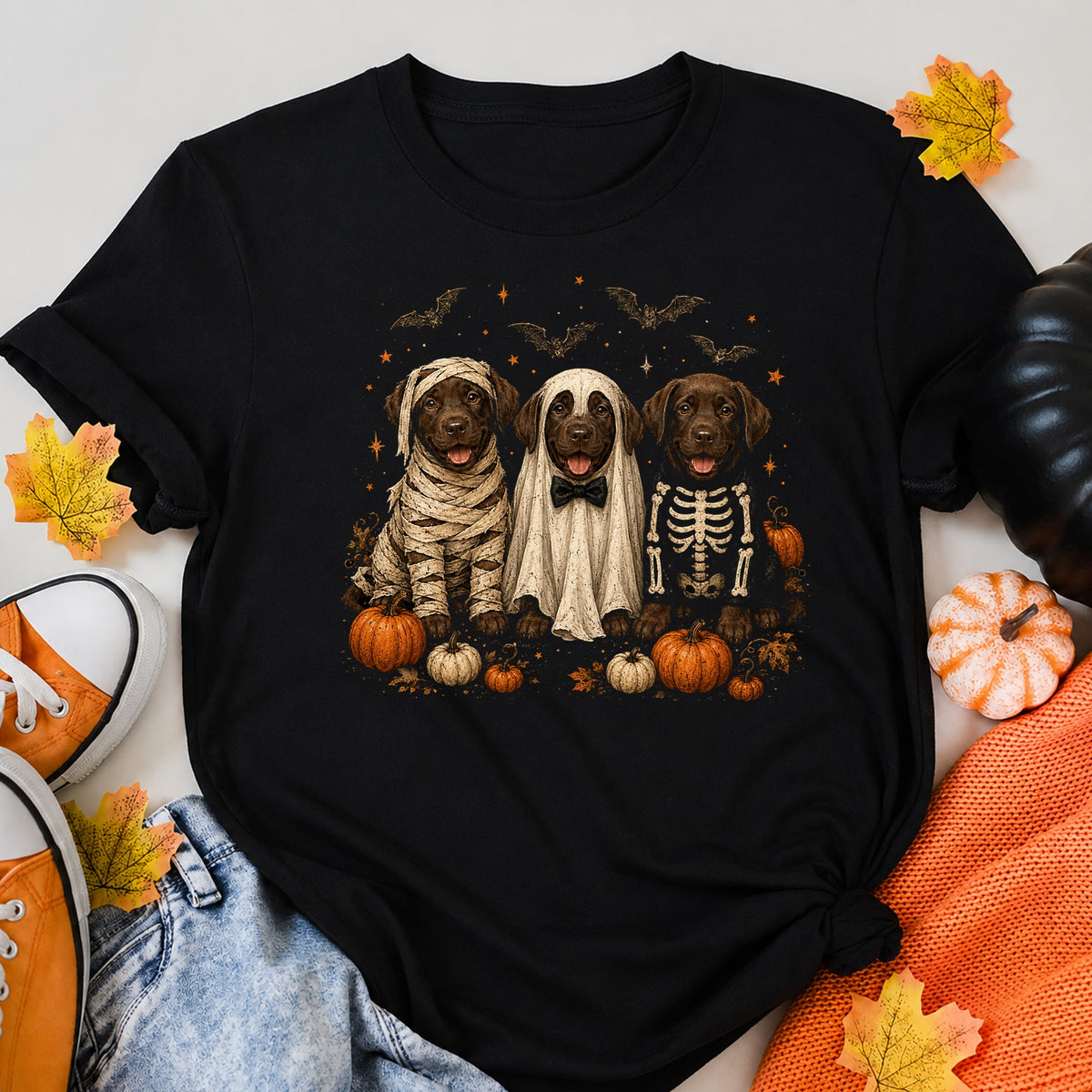 Chocolate Labrador In Ghost Cute Lab Ghost Dog Halloween Shirt in Black – alternate view