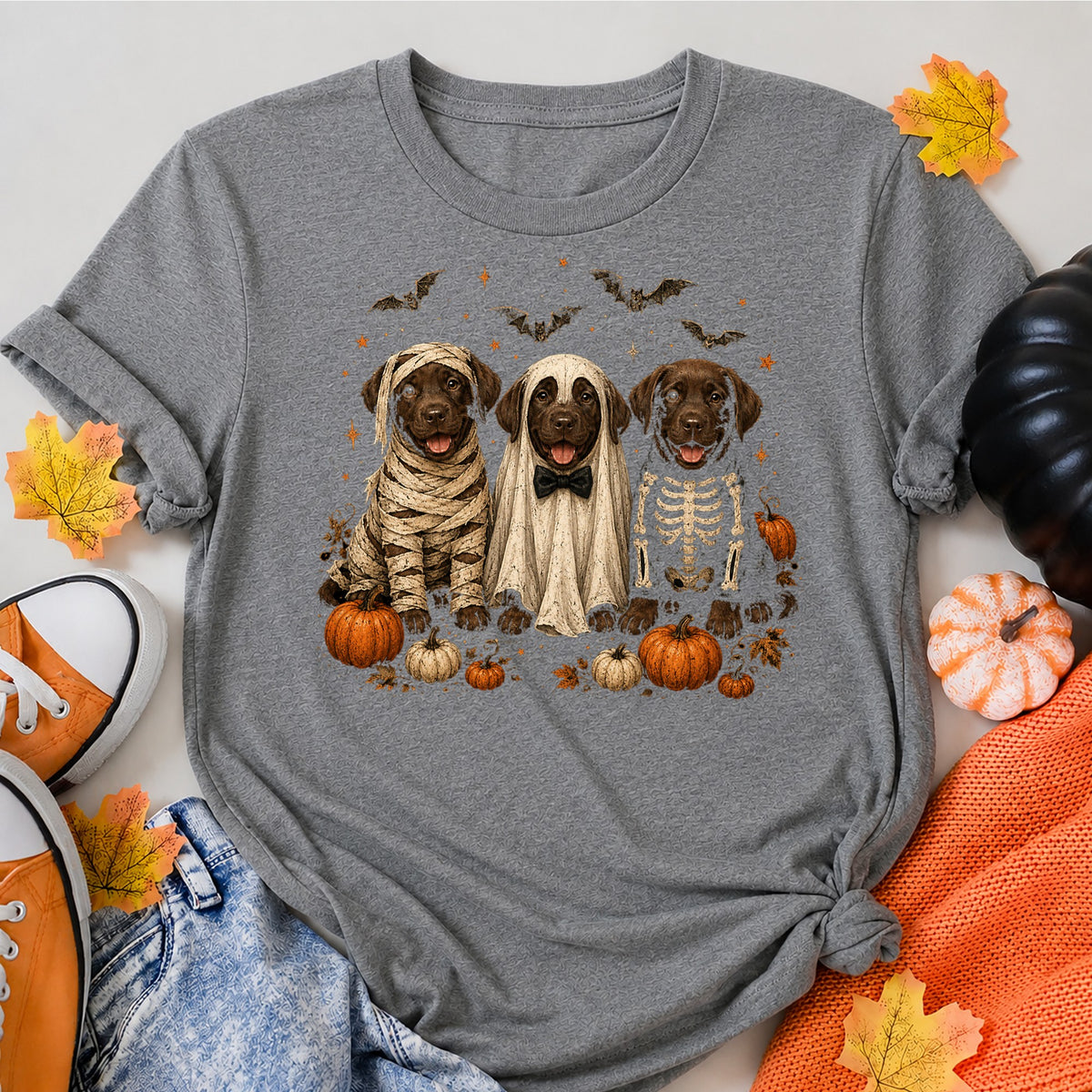 Chocolate Labrador In Ghost Cute Lab Ghost Dog Halloween Shirt in Grey – alternate view