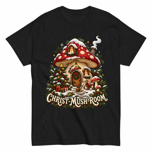 Christ-Mush-Room Christmas Mushroom Cottage T-Shirt - product view 1