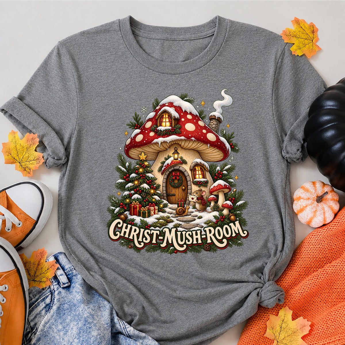Christ-Mush-Room Christmas Mushroom Cottage T-Shirt - product view 7