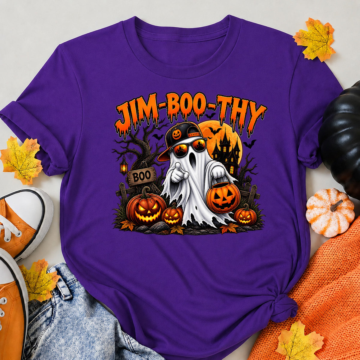 Cool Ghost Pumpkin Halloween Shirt in Blue – alternate view