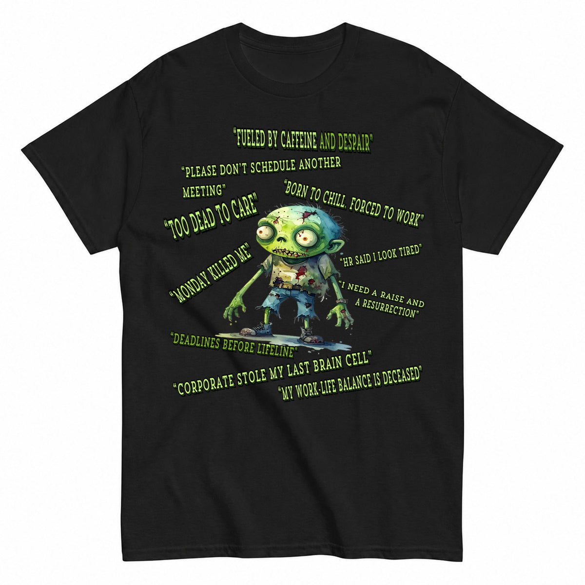 Corporate Zombie Too Tired To Quit Halloween Shirt in Black – product view