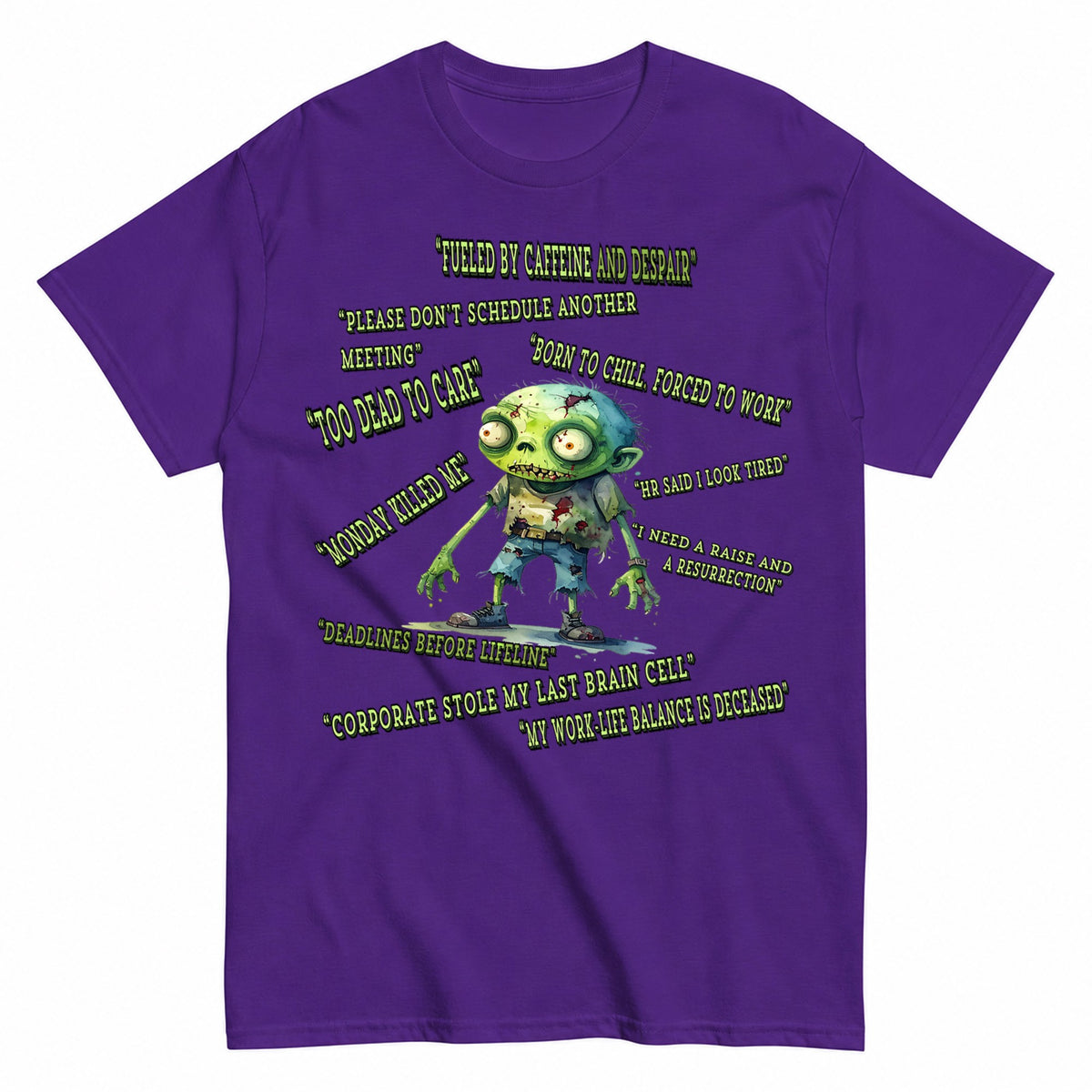 Corporate Zombie Too Tired To Quit Halloween Shirt in Blue – product view