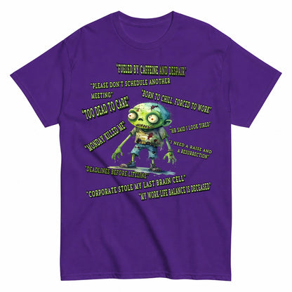 Corporate Zombie Too Tired To Quit Halloween Shirt in Blue – product view