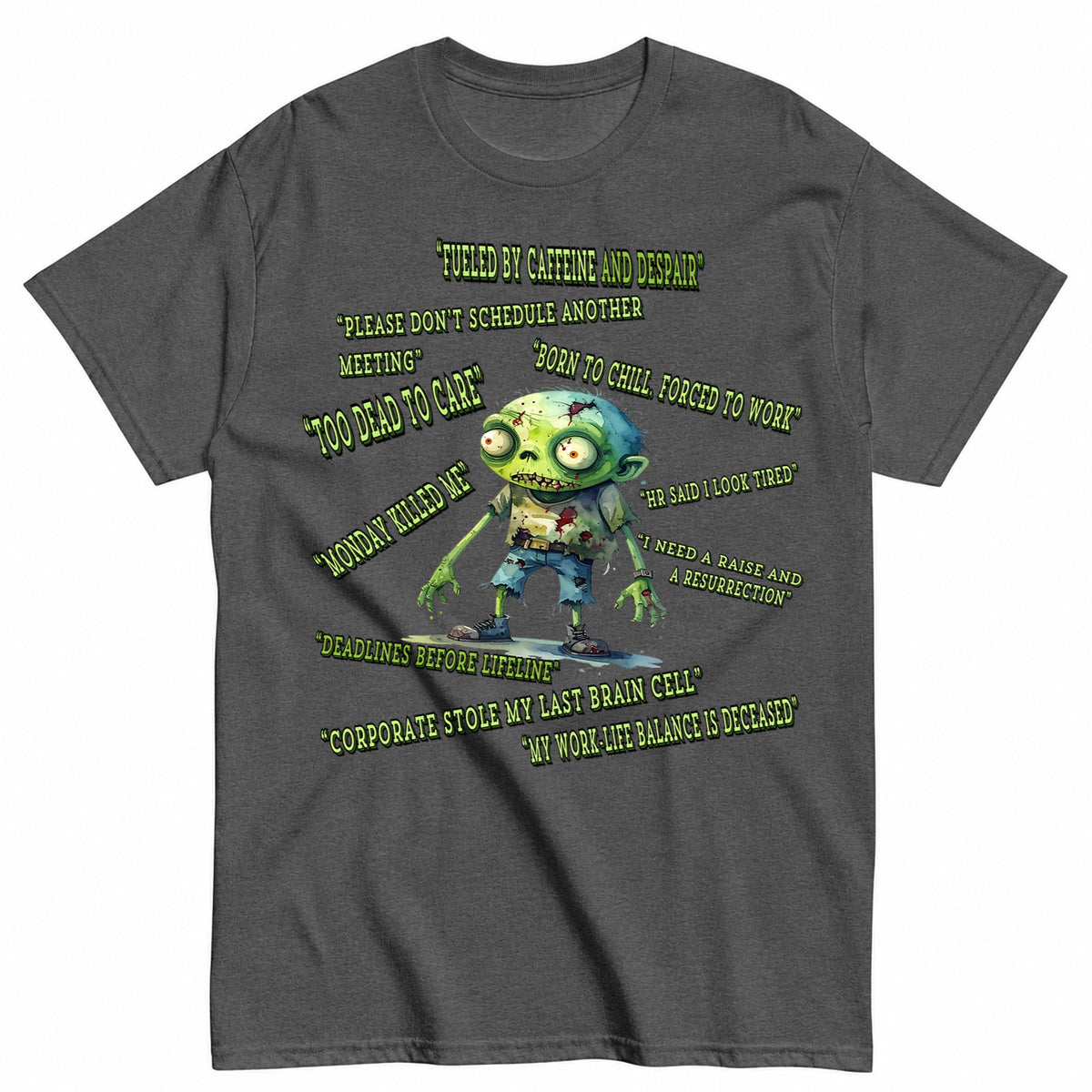 Corporate Zombie Too Tired To Quit Halloween Shirt in Grey – product view