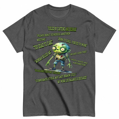 Corporate Zombie Too Tired To Quit Halloween Shirt in Grey – product view