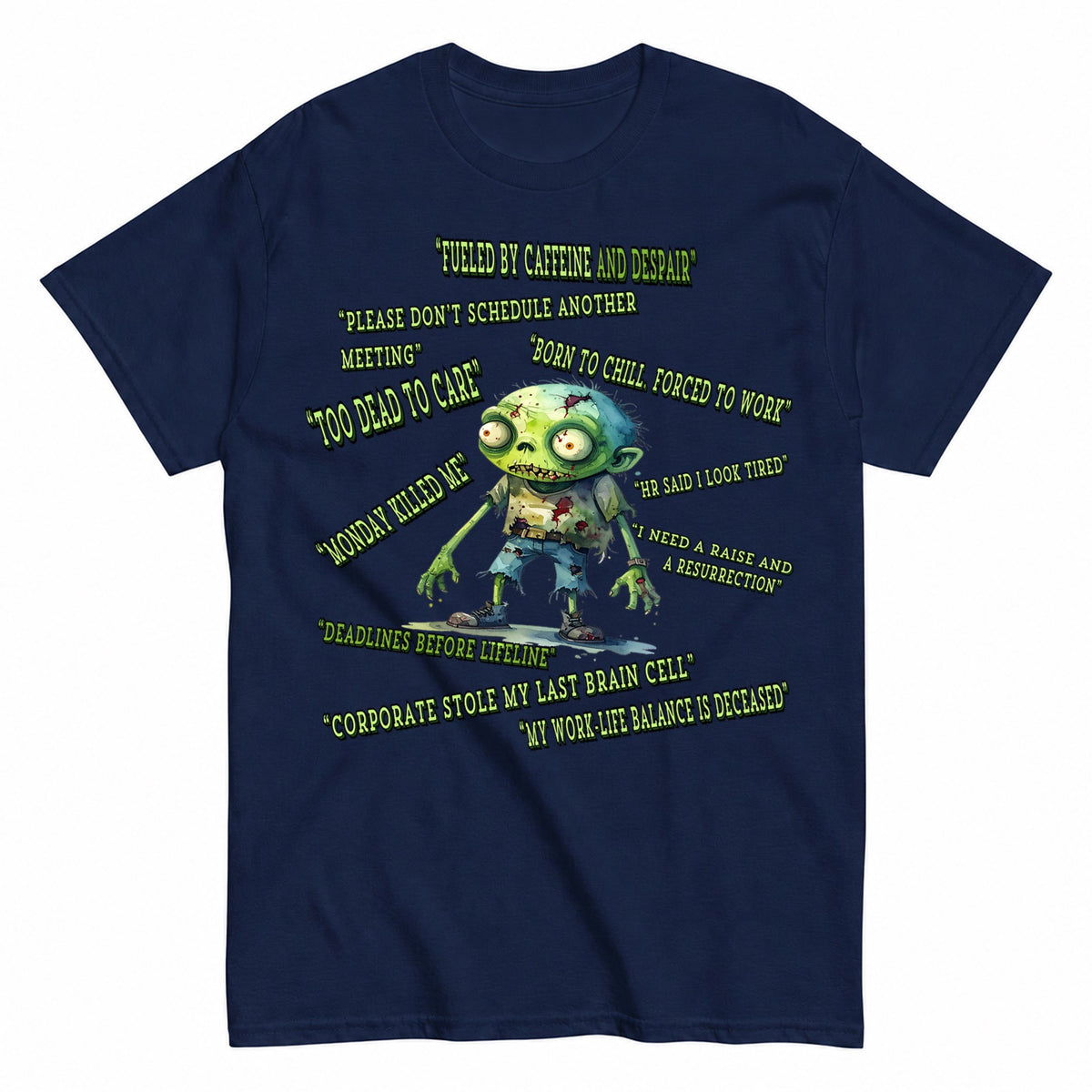 Corporate Zombie Too Tired To Quit Halloween Shirt in Navy – product view