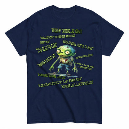 Corporate Zombie Too Tired To Quit Halloween Shirt in Navy – product view