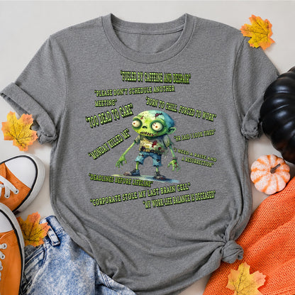 Corporate Zombie Too Tired To Quit Halloween Shirt in Grey – alternate view